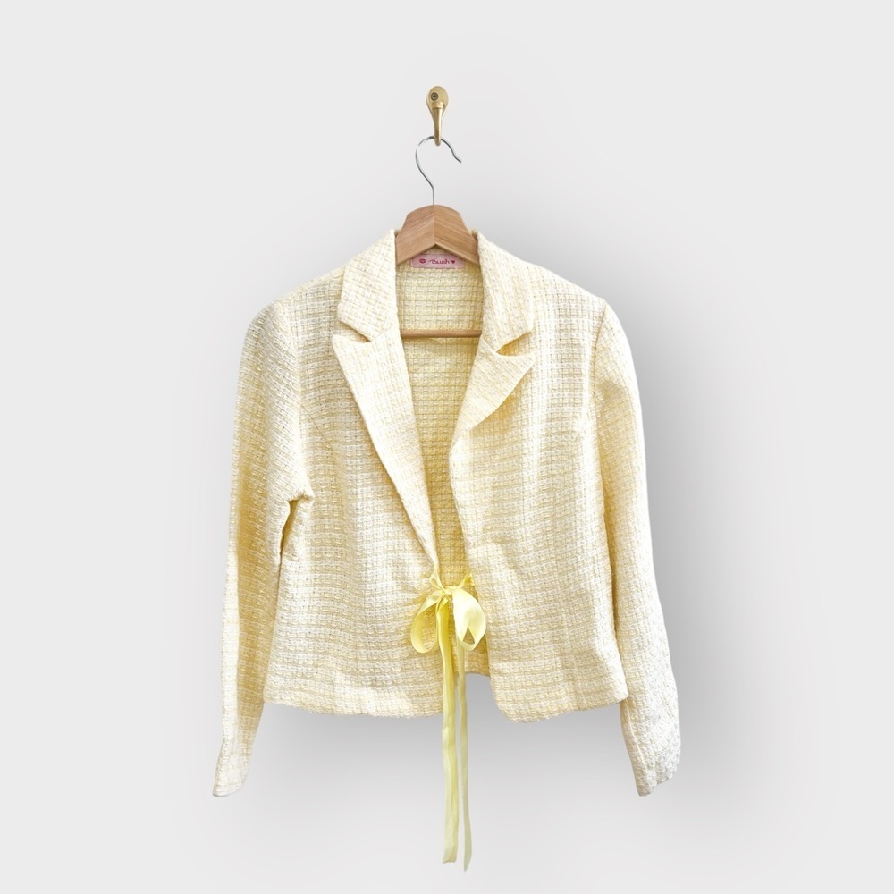 Y2k BLUSH Light Yellow Ribbon Closure Blazer (Sz M) - Picture 2 of 5